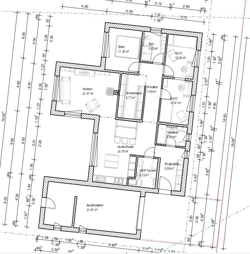 Grundriss eines Einfamilienhauses mit Wohnen, Küche, Eltern-/Kinderzimmer, Bäder, Garage.