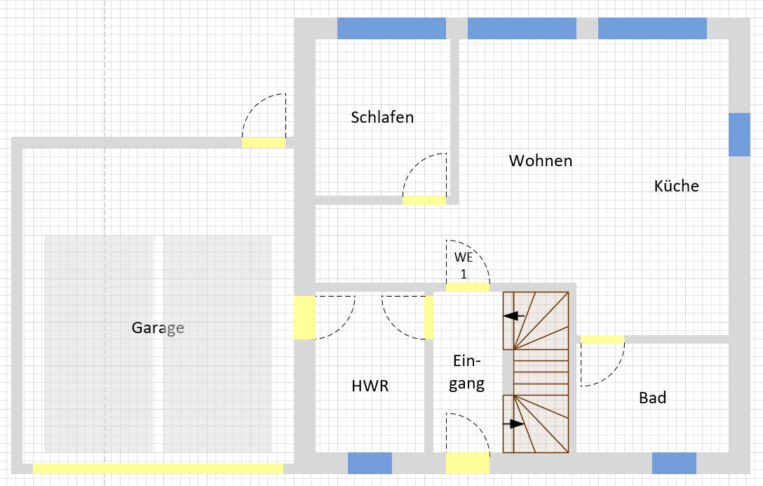 Grundriss eines Hauses mit Schlafen, Wohnen, Küche, Bad, HWR, Garage und Eingang.