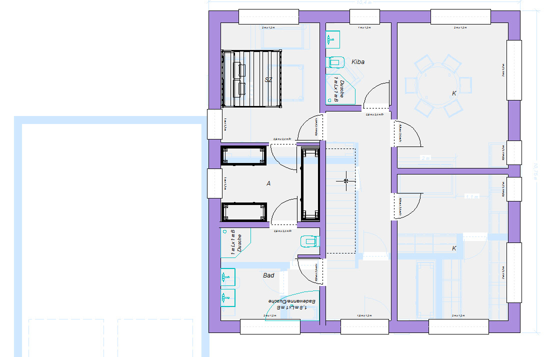 Grundriss eines Mehrzimmerhauses: Bad, Küche, Essbereich, Treppenhaus.