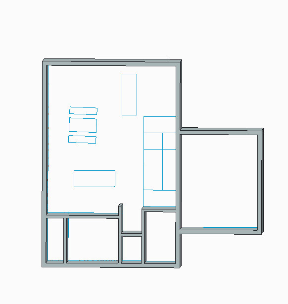 Grundriss eines Innenraums mit Wänden, Türen und blau gezeichneten Möbeln.