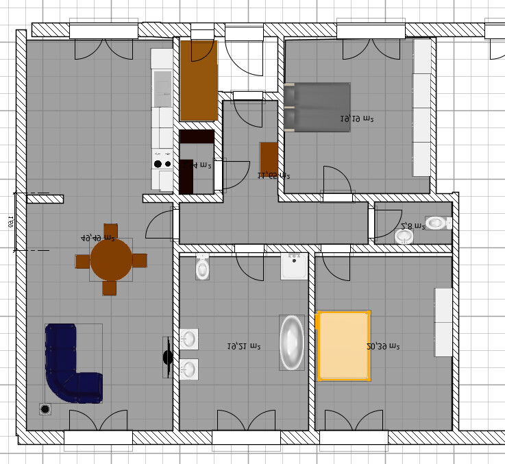 Grundriss eines Hauses mit Küche, Essbereich, Wohnzimmer, Badezimmer, zwei Schlafzimmer.