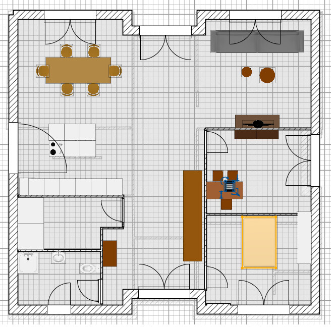 Grundriss eines Apartments: Esstisch links, Büro und Schlafzimmer rechts, Bad/Küche unten links