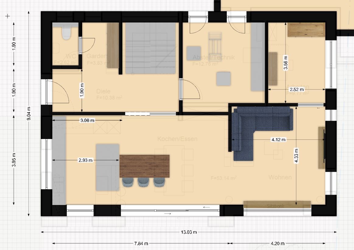 Grundriss eines Hauses: Kochen/Essen, Wohnen, Diele, WC und Abstellraum.