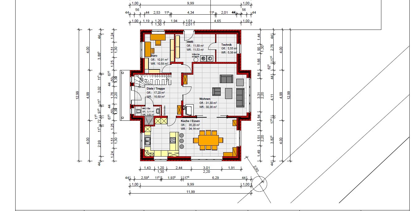 Detaillierter Grundriss eines Einfamilienhauses mit Küche, Essecke und Wohnzimmer.