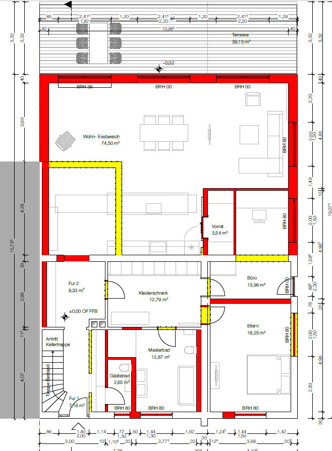 Grundriss Erdgeschoss: Offen Wohn- Essbereich, Küche, Büro, Eltern, Masterbad, Gäste-Bad.