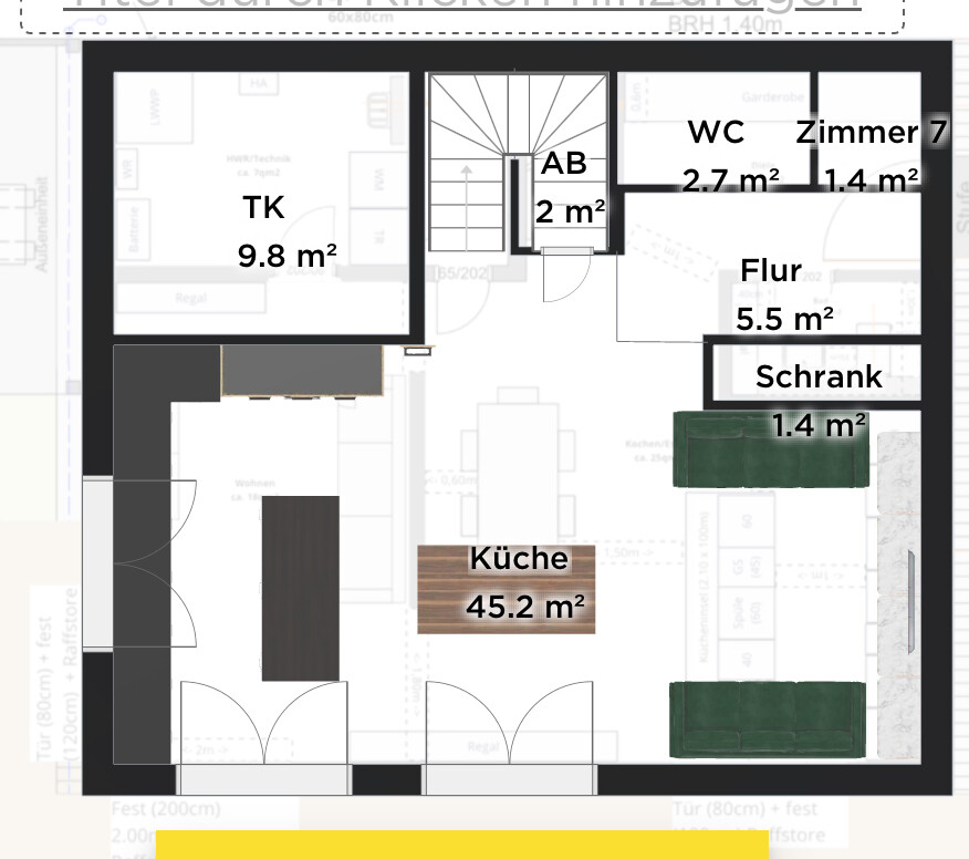 Grundriss: zentrale Küche mit Insel; links TK, rechts Flur, WC, Zimmer, Schrank; Treppenhaus.