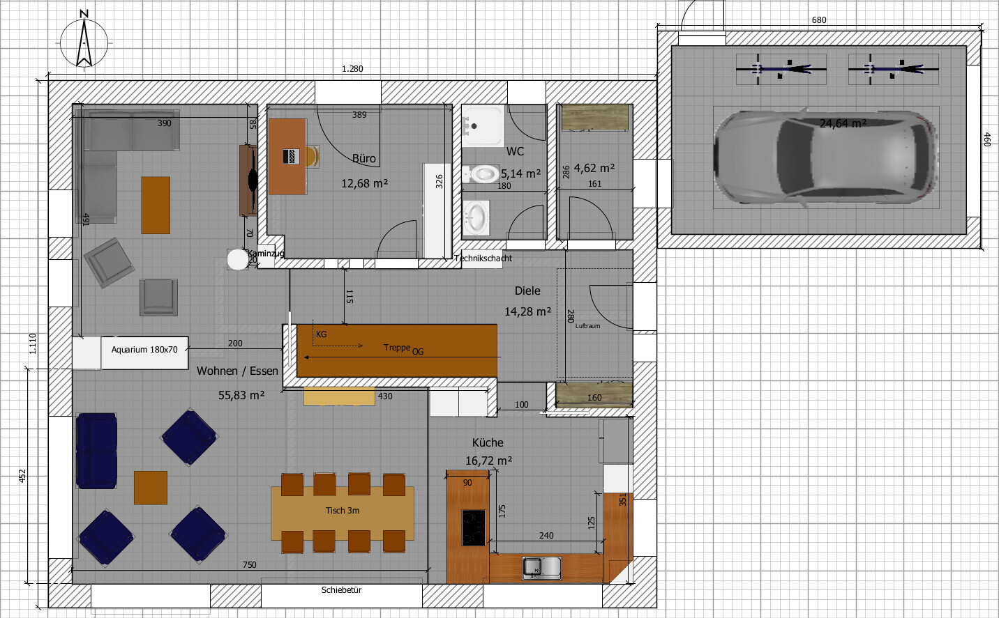 Grundriss eines Hauses mit Wohnzimmer, Küche, Essbereich, Büro, Diele, Treppe, Garage mit Auto.
