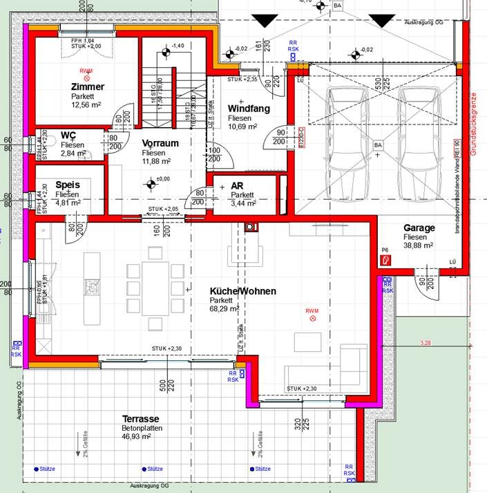 2D-Hausgrundriss mit Küche, Wohnzimmer, Terrasse und Garage, detaillierte Raumaufteilung