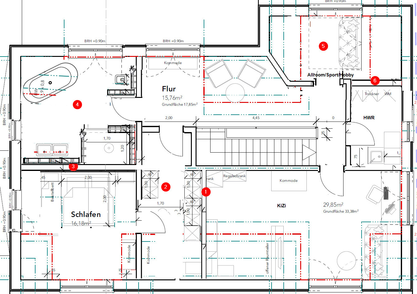 Grundriss eines Hauses: Flur, Schlafen, KiZi, Allroom/Sport/Hobby, HWR, Bad.