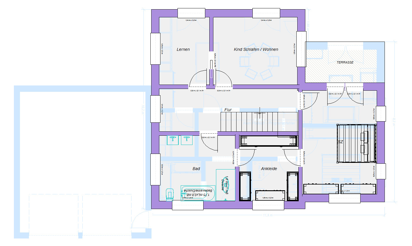 Grundriss eines Hauses mit Lernen, Kind Schlafen/Wohnen, Terrasse, Flur, Bad, Ankleide.