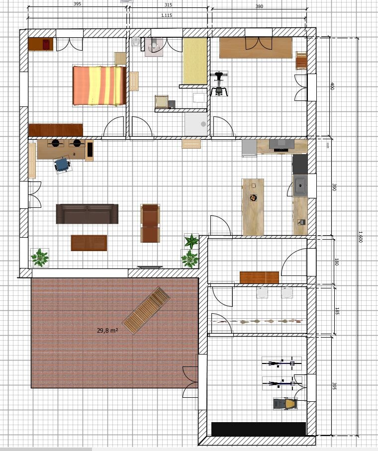Grundriss eines Hauses mit Wohnzimmer, Küche, Schlafzimmern und Terrasse.