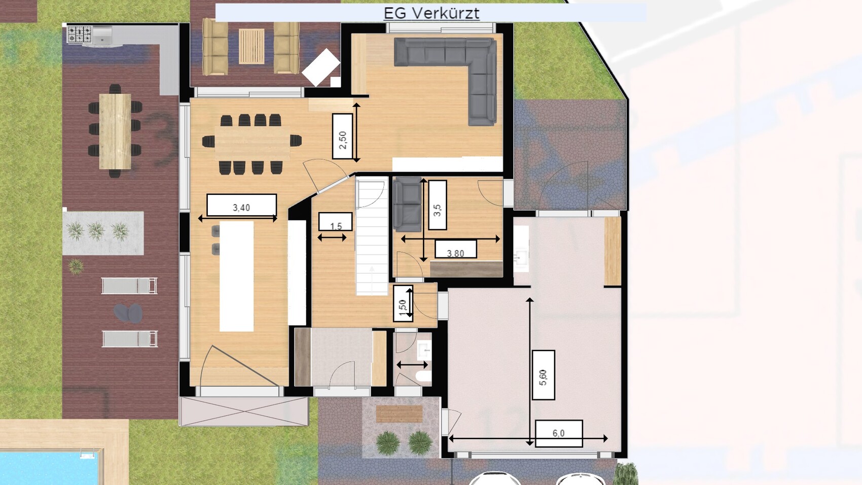 Grundriss Erdgeschoss: Küche, Essecke, Wohnbereich, Terrasse, Garten und Treppenhaus.