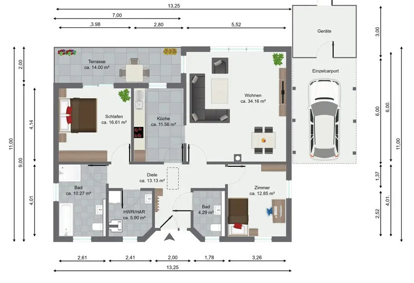 Grundriss eines Einfamilienhauses mit Wohnzimmer, Küche, Schlafzimmer, Bad, Terrasse und Garage.