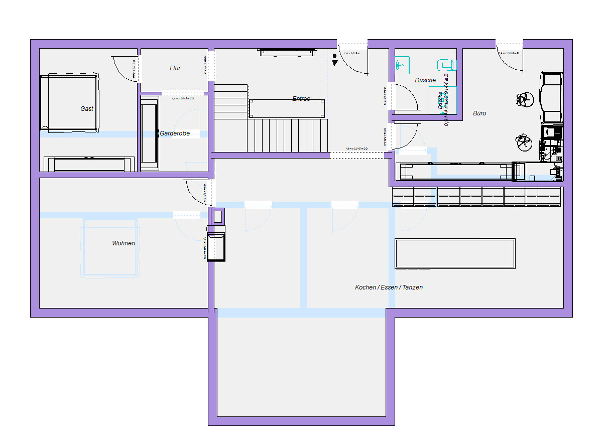 Grundriss eines Hauses: Wohnen, Kochen/Essen/Tanzen, Gästezimmer, Büro, Dusche, Flur.