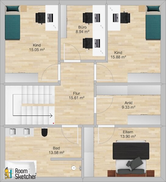 Grundriss eines Hauses: zwei Kinderzimmer, Elternzimmer, Büro, Ankleide, Flur, Bad, Treppenhaus.