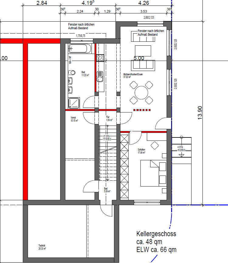 Grundriss Kellergeschoss: Flur, Bad, Technik, Schlafen, Wohnen/Kochen/Essen, Treppe.