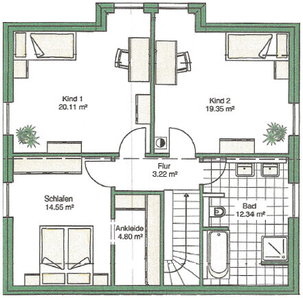Grundrissplan eines Hauses mit Schlafzimmer, zwei Kinderzimmer, Flur, Ankleide und Bad.
