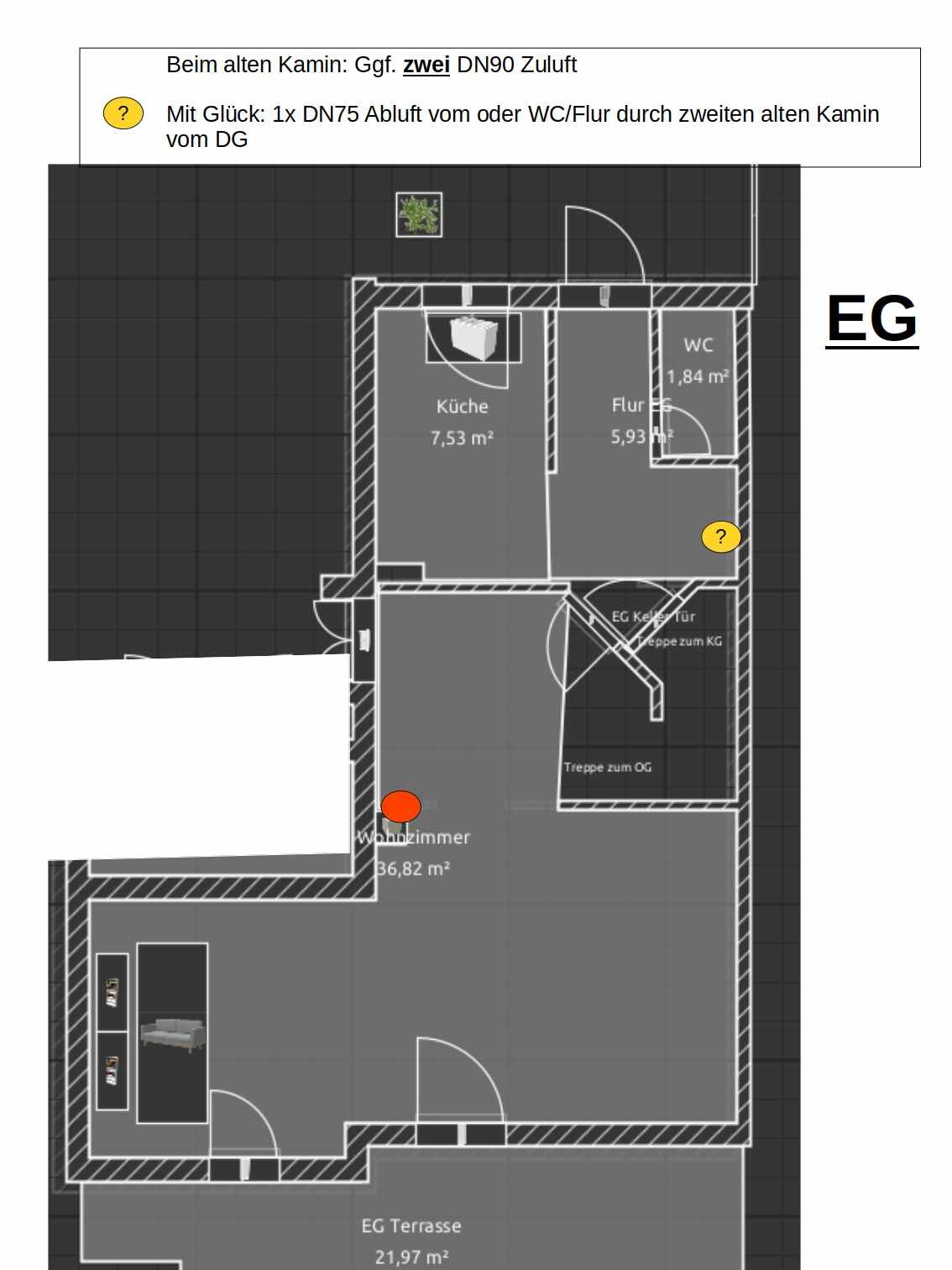 2D-Grundriss eines Hauses mit Küche, Flur, WC, Wohnzimmer und Terrasse im Erdgeschoss