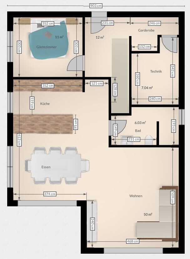 Grundriss einer Wohnung mit Gästezimmer, Küche, Essen, Wohnen, Bad, Technik, Garderobe, Maßen