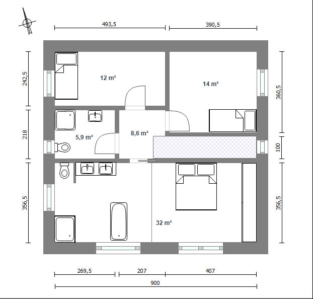 2D-Grundriss eines Hauses mit Schlafzimmer, Bad, Küche, Wohnzimmer und Flur