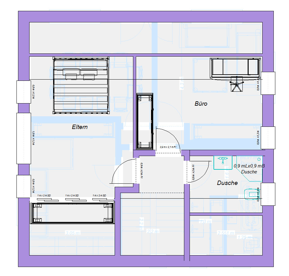 2D-Grundriss eines Hauses mit Elternzimmer, Büro und Dusche