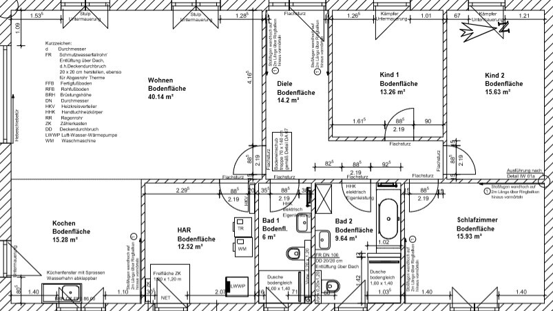 Grundriss eines Hauses mit Wohnen, Küche, Diele, Bad, Schlafzimmer und Kinderzimmer.