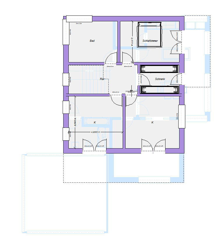 Grundriss eines Hauses: zentraler Flur, Bad links, Schlafzimmer oben, Küchen unten, Schrank rechts.