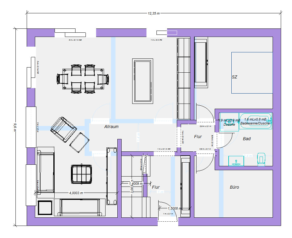 Grundriss eines Apartments von oben: Wohnzimmer links, Esstisch, Allraum, SZ, Büro, Bad.