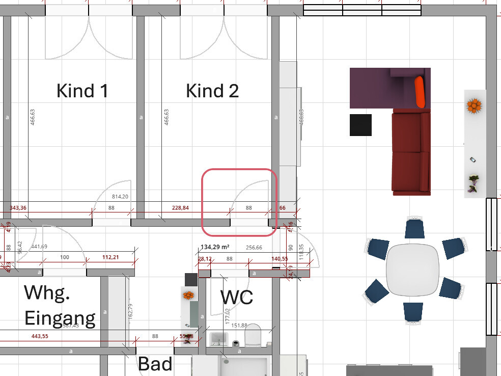 Grundriss eines Hauses mit Wohnzimmer, Essbereich, Küche und Kinderzimmern