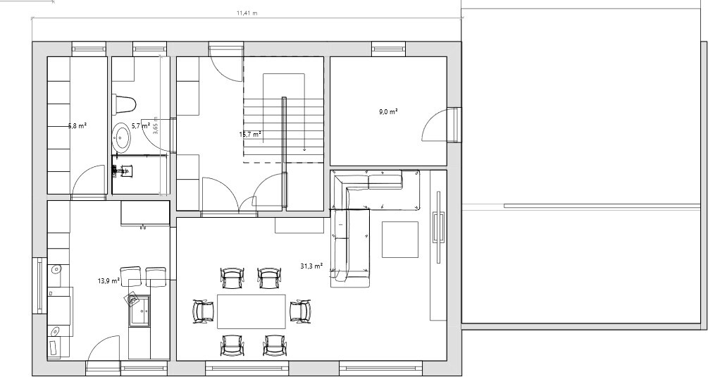Detaillierter Grundriss eines Hauses mit Küche, Essbereich, Wohnzimmer und Bad.