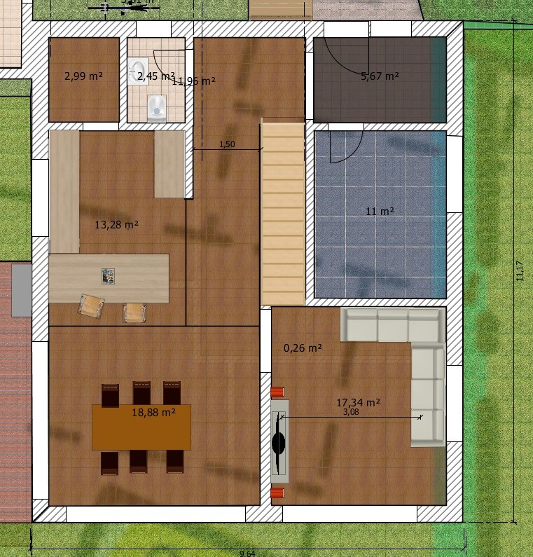 2D-Grundriss eines Hauses mit Wohnzimmer, Essbereich, Küche und Treppen