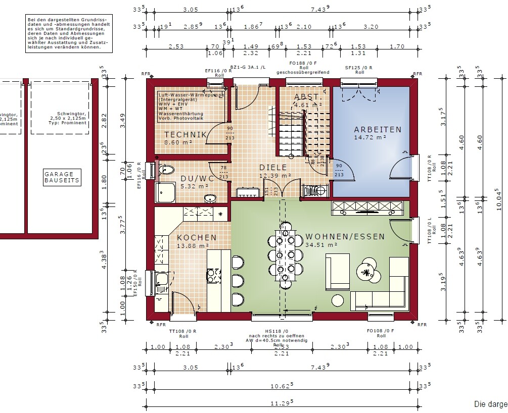 Grundriss eines Hauses mit Küche, Wohnen/Essen, Arbeiten, Bad, Abstellraum und Garage.