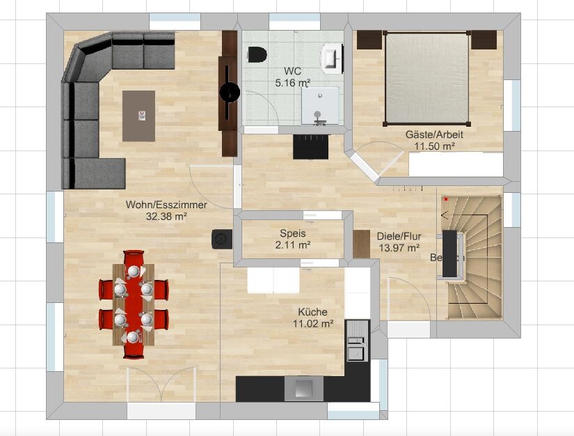Grundriss eines Hauses mit Wohn- und Esszimmer, Küche, WC, Speis, Diele und Flur