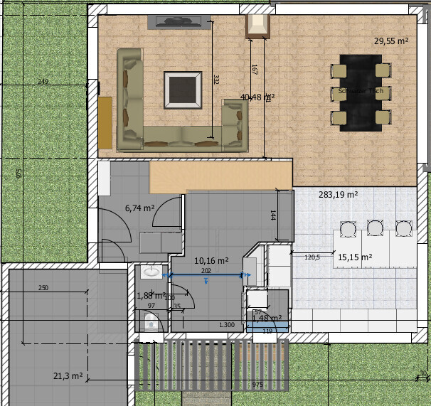 2D Grundrissplan zeigt Wohnzimmer, Essbereich und Terrasse
