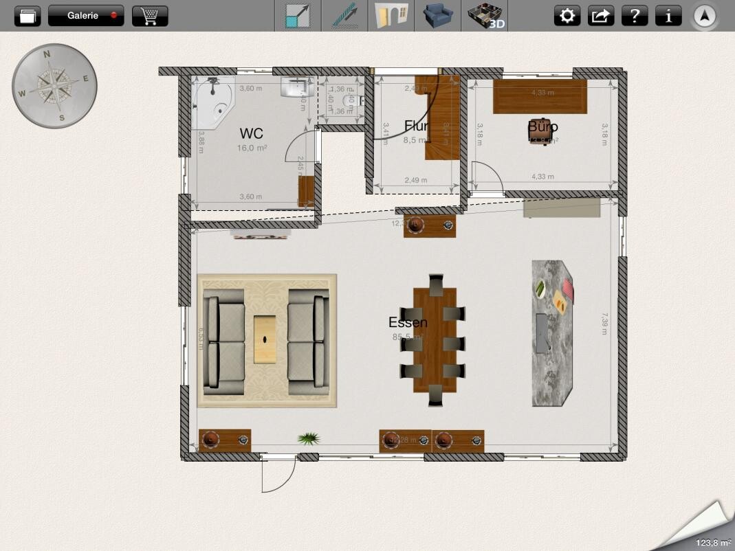 2D-Hausgrundriss mit Wohnzimmer, Essbereich, Küche und Bad