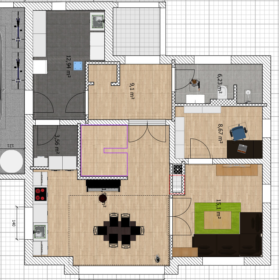 Grundriss eines Hauses mit Küche, Essbereich und Wohnzimmer
