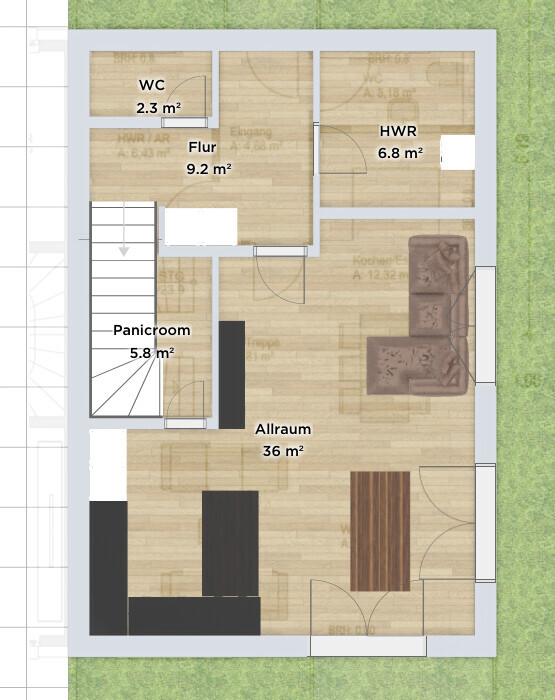 Grundriss eines Hauses mit Flur, WC, Panikraum, HWR und Allraum mit Sofa.