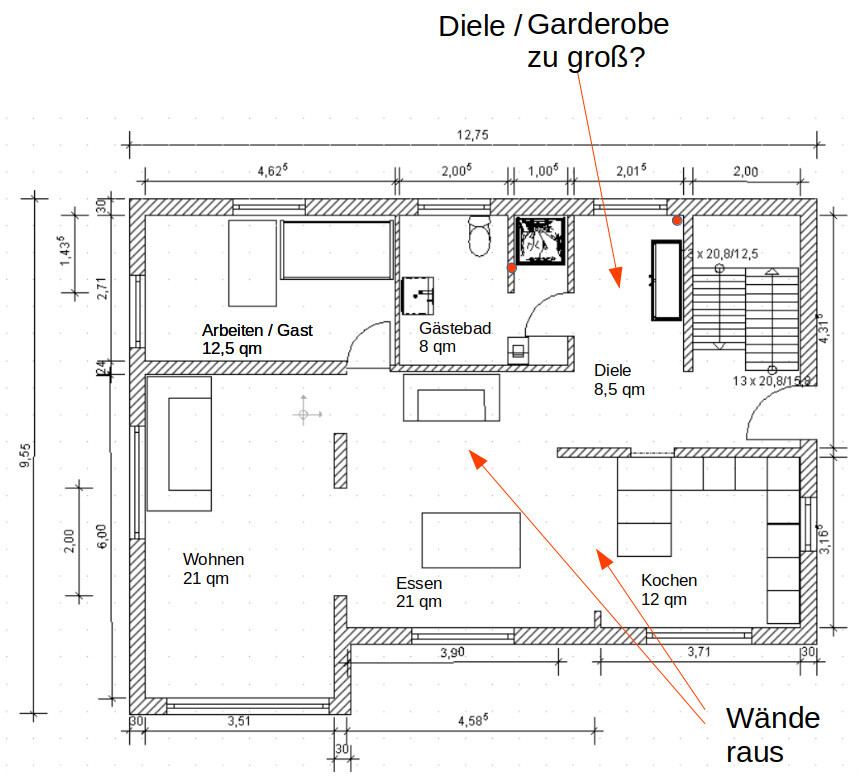 Grundriss: Wohnen 21qm, Essen 21qm, Kochen 12qm, Diele 8,5qm; Pfeile markieren Wandänderungen.