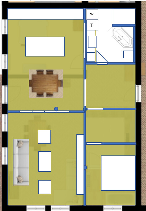 Grundriss eines Apartments: links Wohnzimmer mit Esstisch, rechts Bad und Schlafzimmer.