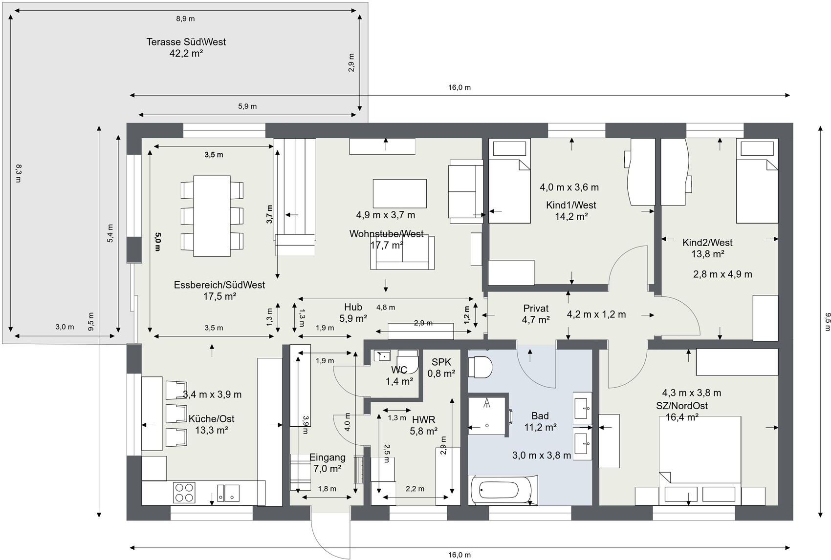 Grundriss eines Hauses: Wohnen, Essen, Küche, Bad, Schlaf- und Kinderzimmer, Terrasse.