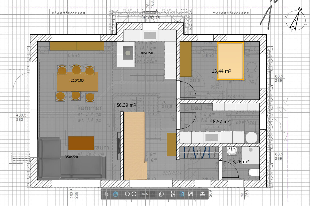 Hausgrundriss mit offener Küche, Essbereich, Wohnzimmer und Bad