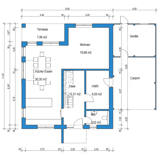 Grundriss eines Hauses: Küche/Essen, Wohnen, Diele, HWR, Terrasse, Carport, Geräte.