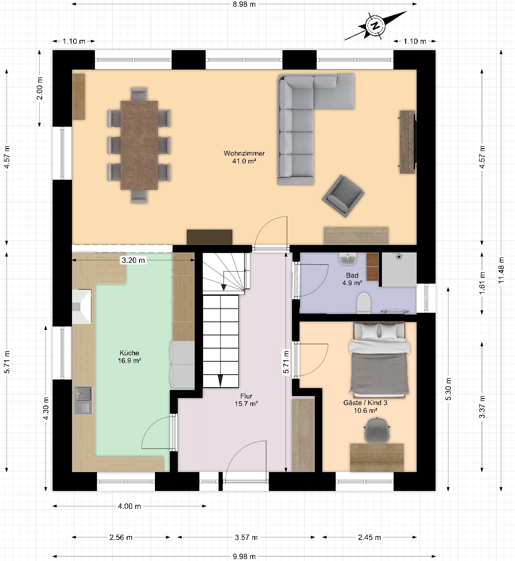 Grundriss eines Hauses: Wohnzimmer, Küche, Flur, Bad, Gästezimmer mit Möbeln.
