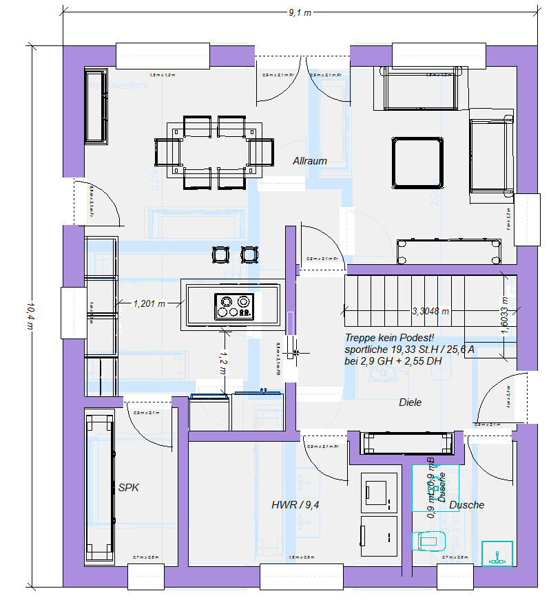 Grundriss eines Hauses: Allraum, Küche, Diele, Treppe, HWR, Dusche.