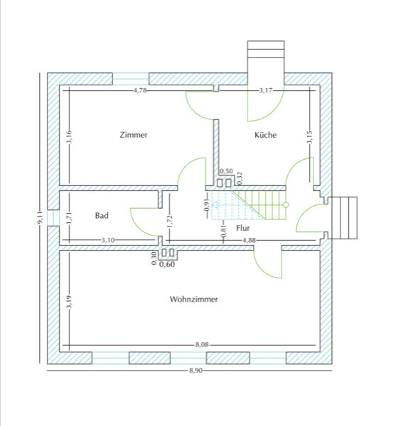 Grundriss einer Wohnung: Wohnzimmer, Zimmer, Küche, Bad, Flur; Türen und Treppen.