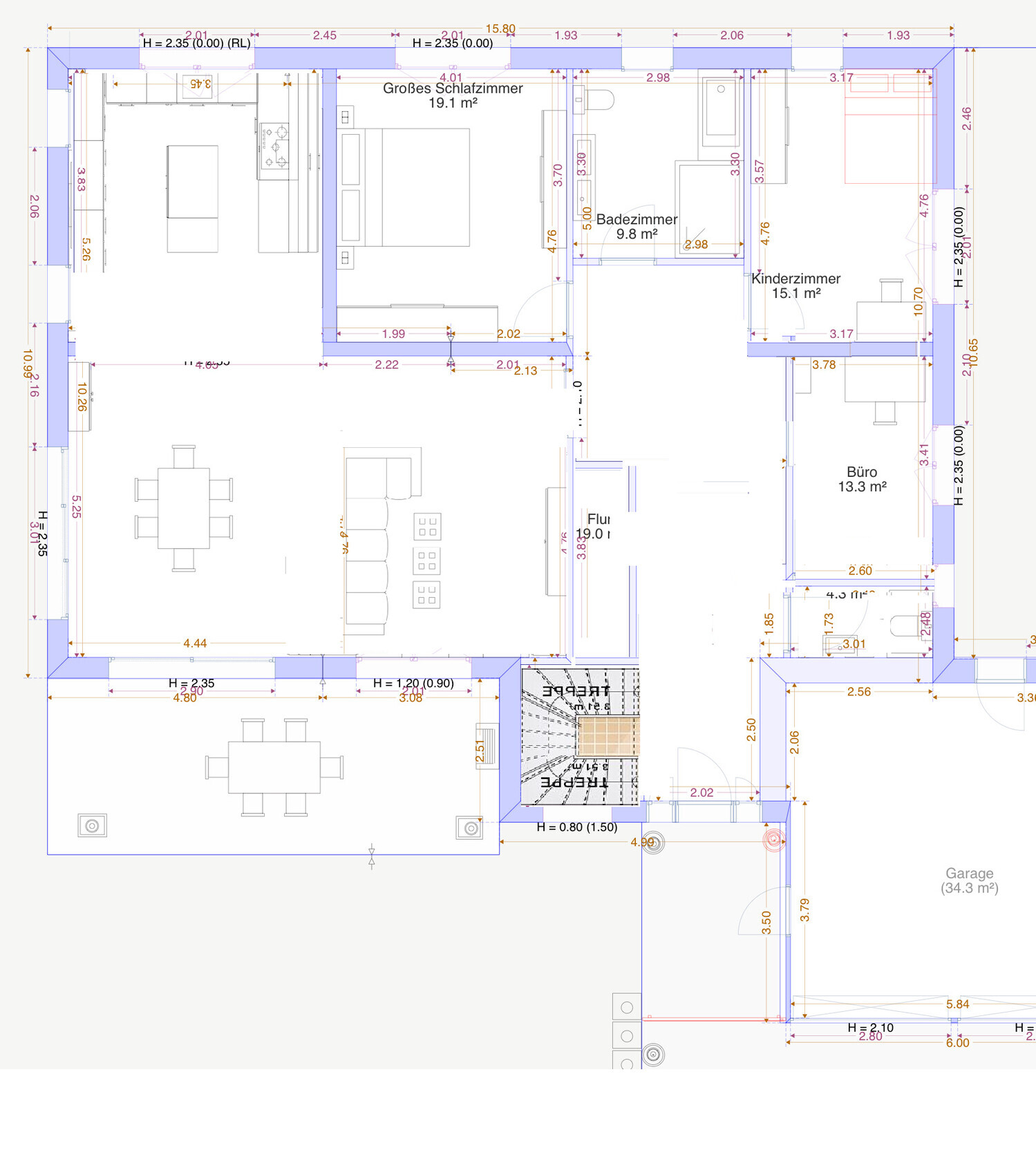 Grundriss eines Hauses mit Schlafzimmer, Bad, Kinderzimmer, Büro, Flur und Garage