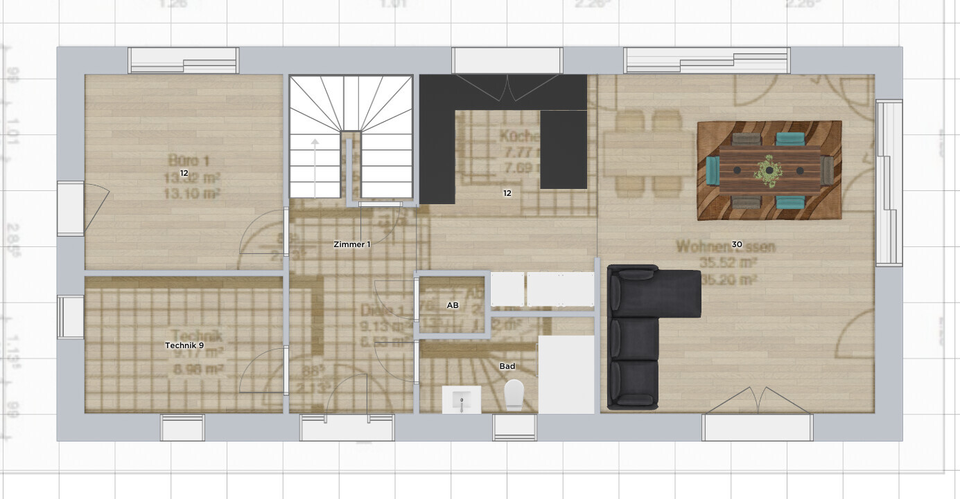 Grundriss eines Hauses mit Büro, Technik, Zimmer, Abstellraum, Bad, Küche und Wohn-/Essbereich.