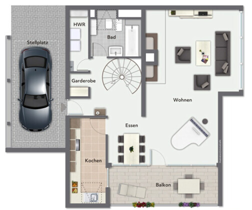 Grundriss eines Hauses mit Kochen, Wohnen, Essen, Balkon, Bad, Garderobe, HWR, Treppe, Stellplatz.