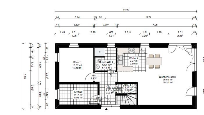 Grundriss eines Hauses mit Büro, Dusch-WC, Küche, Wohnen/Essen, Technik, Flur.