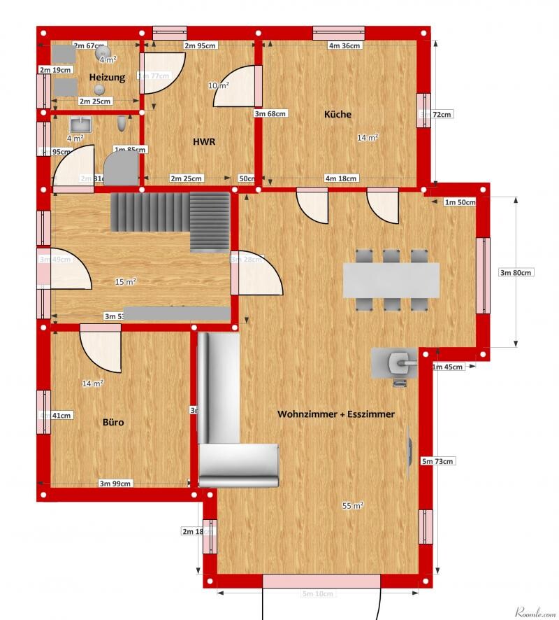 2D-Grundriss eines Hauses mit Wohnzimmer, Küche, Büro und Treppen